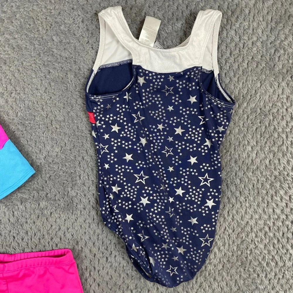 Freestyle by Danskin Girls Gymnastics Leotard Lot USA Stars Pink Blue Size 6/6X